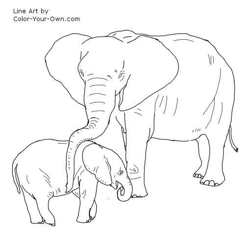 African Elephant Mother and Baby Line Art