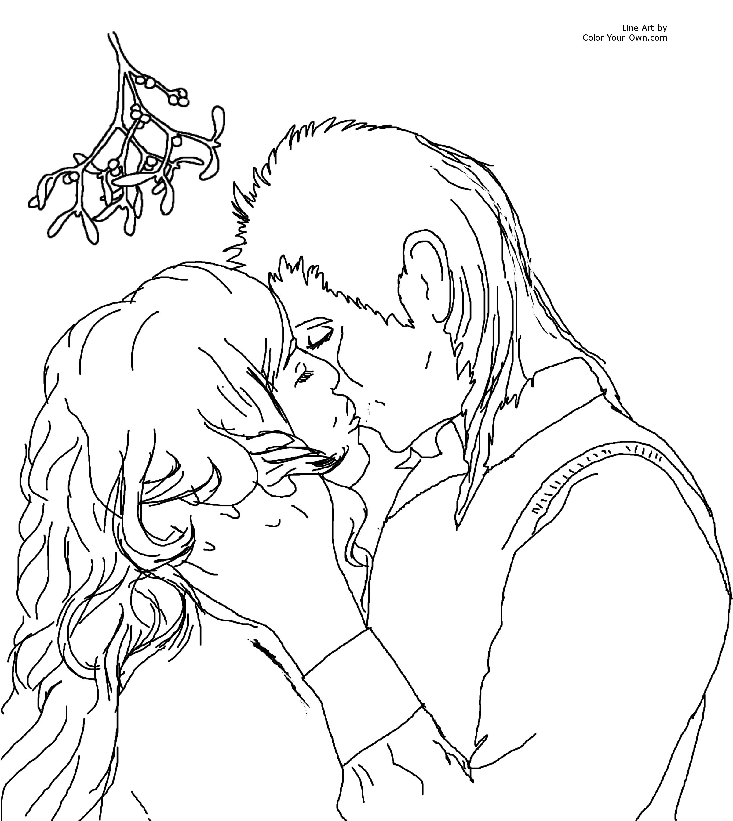 Christmas Kiss under the Mistletoe Coloring Page